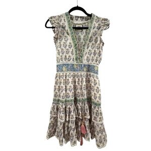 Alicia Bell Olivia Mini Dress XS Blue Green Floral Boho Ruffle Tassel